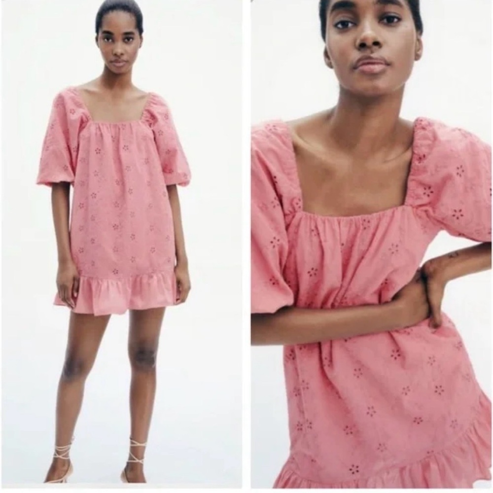 Zara Pink Eyelet Puff Sleeve Dress